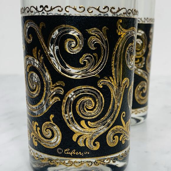 Vintage Culver Bar Glasses Set of 8/culver Ebony & 22K Gold  CULVER Baroque Set (8) Black Gold Pitcher w Stir 5 Footed Glasses 2 Tumbler GUC